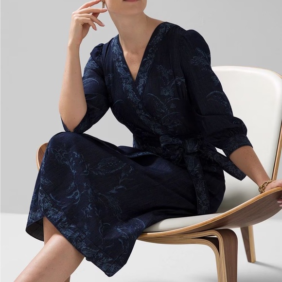 WHBM FLORAL LASER PRINT DENIM WRAP MIDI DRESS BEAUTIFUL SLEEVES SEAM POCKETS 8